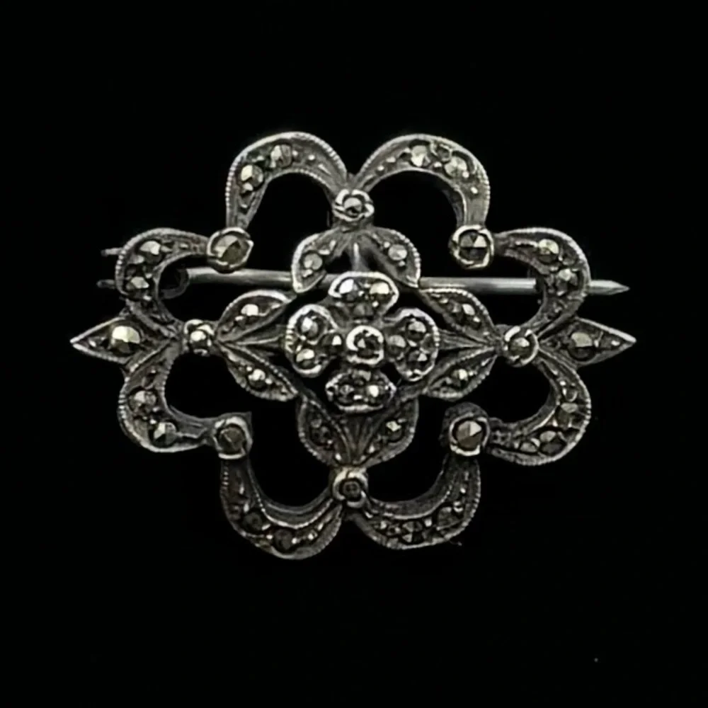 VINTAGE Sterling Silver Marcasite Flower Brooch